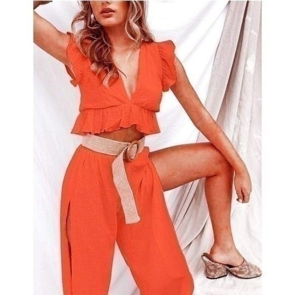 Boho Deep V Neck Orange Crop Top Side Slit Drawstring Pants Set Size XL 4 0039 - Picture 2 of 6